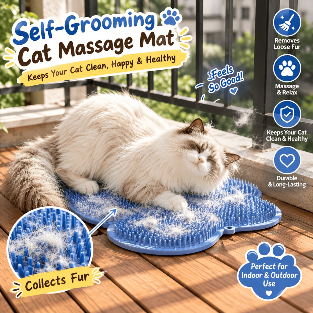 Cat Self Grooming Brush in Blue, Wall-Mounted Massage Scratching Board for Loose Fur Care, Space-Saving Everyday Pet Groomer for Indoor Cats