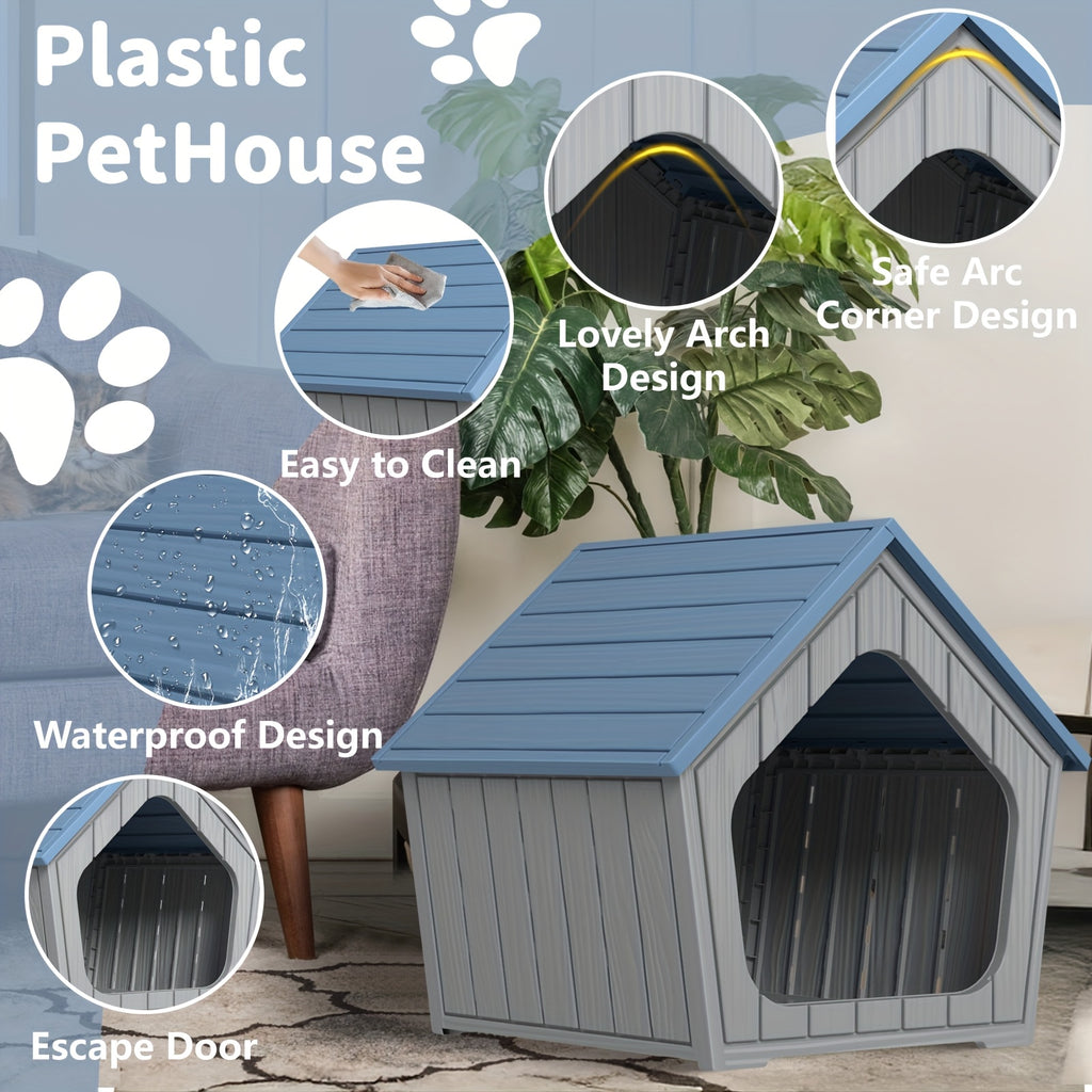 Resin Cat House with Raised Floor and Roof, XL Listed Pet Hideaway for Indoor and Sheltered Outdoor Rest, Blue or Light Brown, Assembly Required