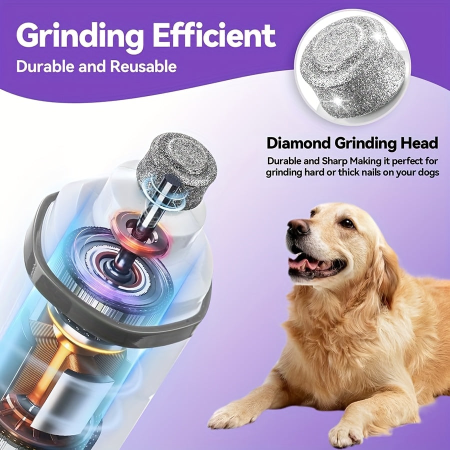 Dog Nail Grinder with LED Light, Quiet 3-Speed Rechargeable Pet Nail Trimmer with 3 Grinding Ports and Diamond Bit for Small, Medium and Large Dogs and Cats