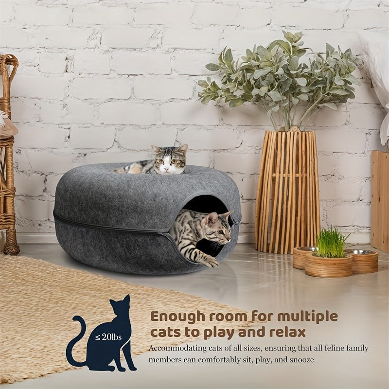 Cat Cave Tunnel Bed with Pom-Pom Ball, All-Season Donut Hideaway for Indoor Cat Rest and Play, 20 or 24 Inch Options in Dark Gray and Light Gray