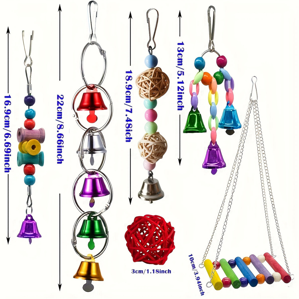 Bird Toys 15-Piece Wooden Swing and Climbing Gym Set with Hanging Bells, Hammock and Ladders for Supervised Parrot Cage Enrichment