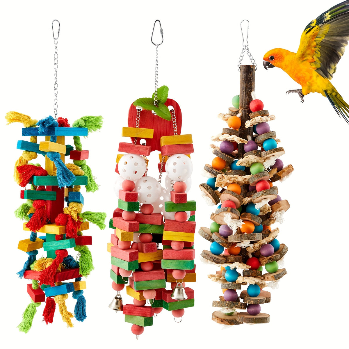 Large Parrot Chew Toys 3 Pack, Colorful Wooden Block and Ball Hanging Cage Toys for Macaws, Cockatoos and African Greys, CUNNO Bird Enrichment Set