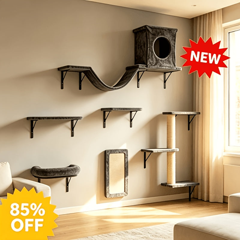 Cat Climbing Wall Shelves Set, Wall-Mounted Indoor Cat Furniture with Condo, Scratching Post, Bridge Ladder and Tunnel for Play and Rest
