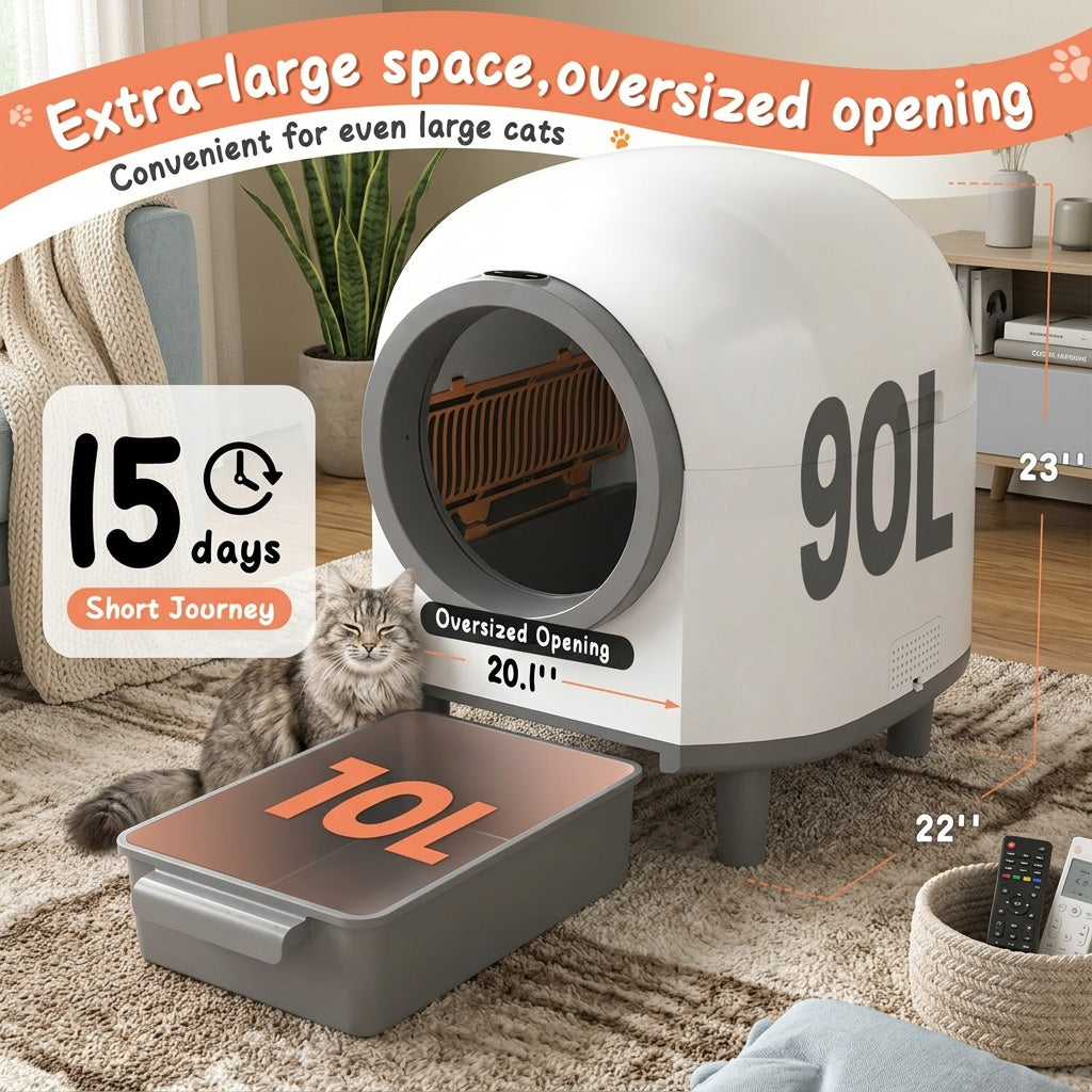 Self Cleaning Litter Box with 90L Interior and 10L Waste Drawer, App-Controlled White Automatic Cat Toilet with Entry Step and Litter Mat