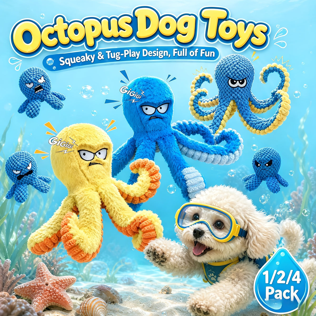Squeaky Octopus Dog Toy with Crinkle Sounds, Stuffed Interactive Toy for Gentle Tug and Supervised Indoor Play, Single, 2-Pack or 4-Pack Options