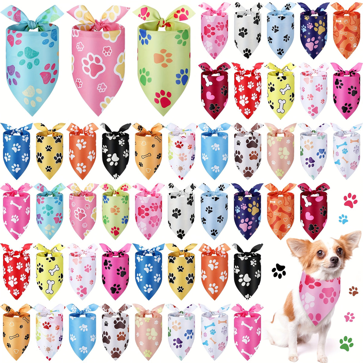 Paw Print Dog Bandanas 50 Pack, Bulk Triangle Pet Kerchiefs and Costume Bibs for Dogs and Cats, Grooming Finishes, Parties and Photo Outfits