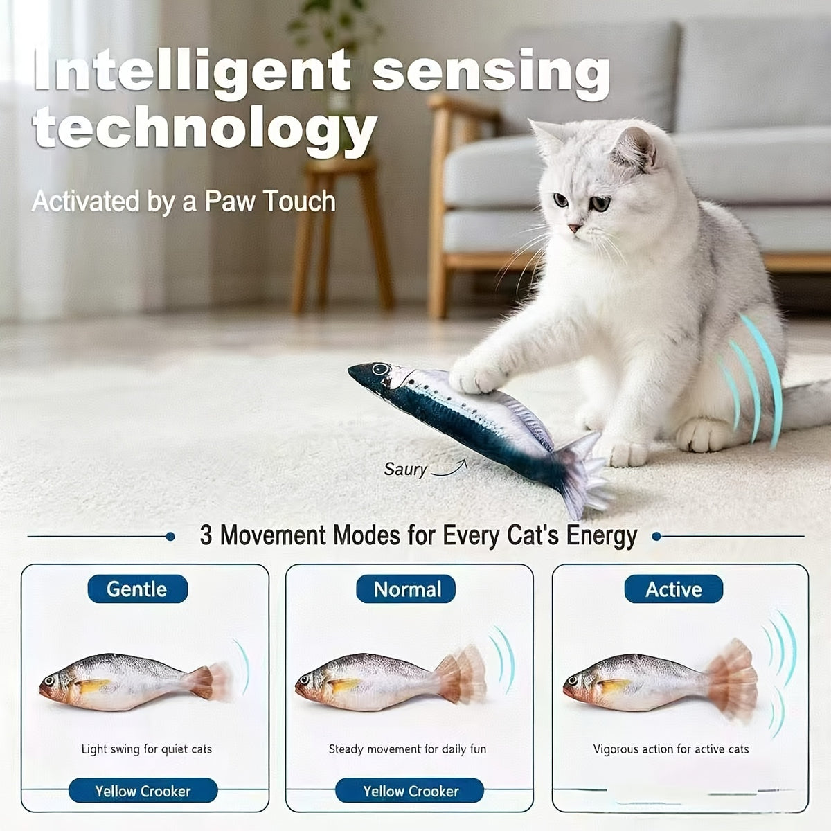Flopping Fish Cat Toy 3-Pack, Touch-Activated Type-C Rechargeable Interactive Fish with 3 Swing Modes and Removable Motor for Indoor Cat Play