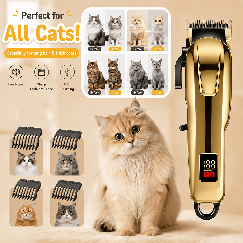 Cordless Pet Hair Clippers with 4 Guide Combs, Rechargeable Low-Noise Dog and Cat Grooming Trimmer with Ergonomic Grip in Golden or Pink