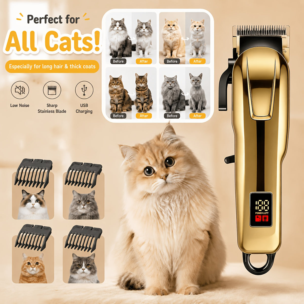 Cordless Pet Hair Clippers with 4 Guide Combs, Rechargeable Low-Noise Dog and Cat Grooming Trimmer with Ergonomic Grip in Golden or Pink