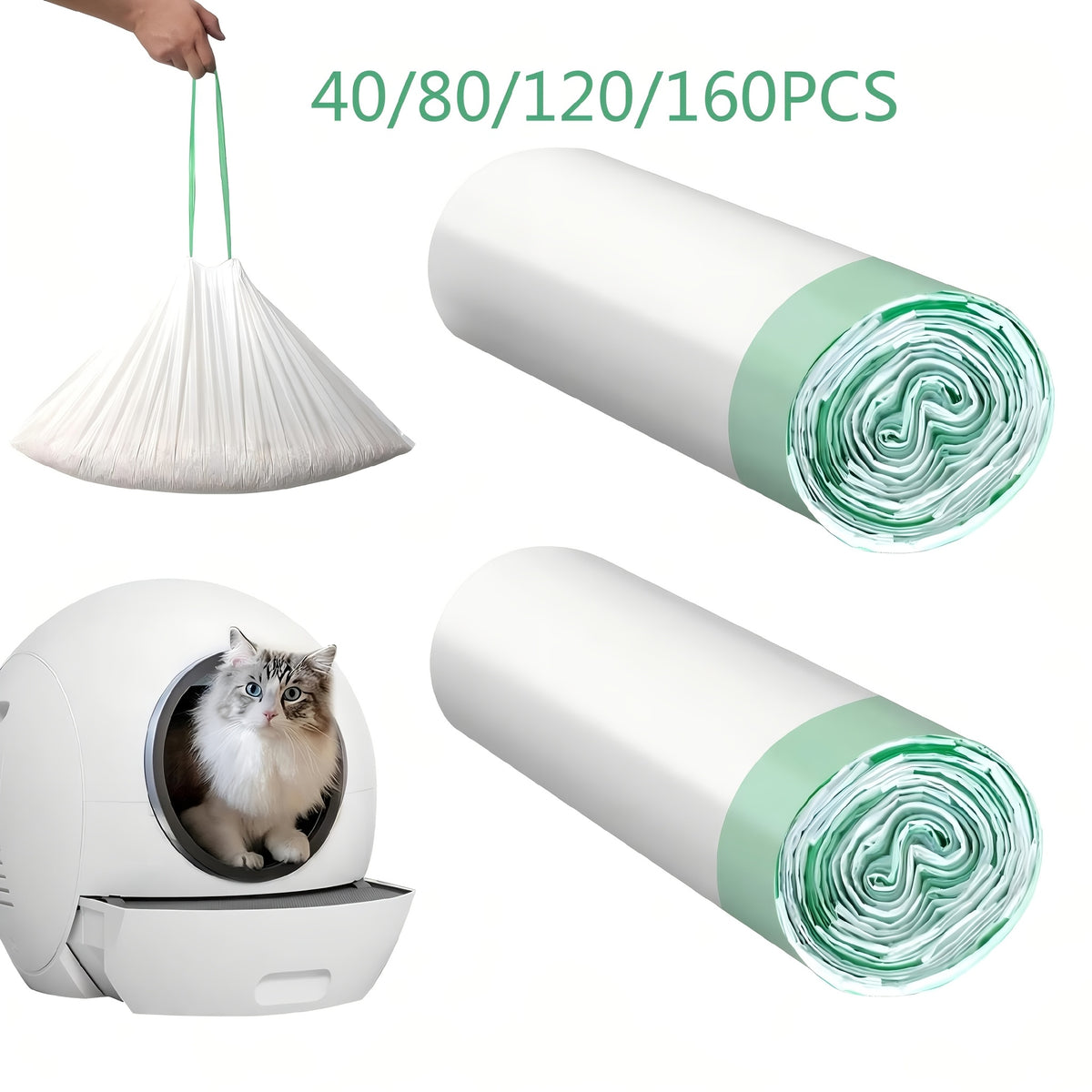 Cat Litter Box Liner Bags with Drawstring, 25.2 x 15.7 Inch Heavy-Duty Waste Drawer Liners for Compatible Self-Cleaning Boxes, 40 80 or 120 Count