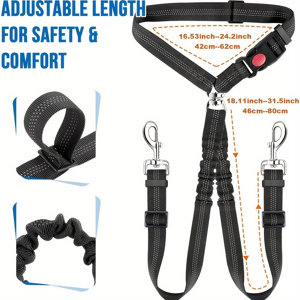 Dual Dog Car Seat Belt with Adjustable Headrest Loop, Two Bungee Tether Straps and Metal Clips for Two-Dog Travel in Red, Rose Red or Black