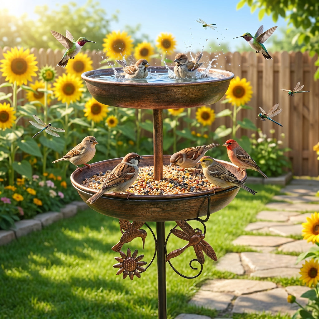 Bird Bath and Feeder 2-in-1, Bronze Double-Tier Iron Birdbath with 5-Prong Ground Stake and Vintage Garden Accents for Outdoor Yards