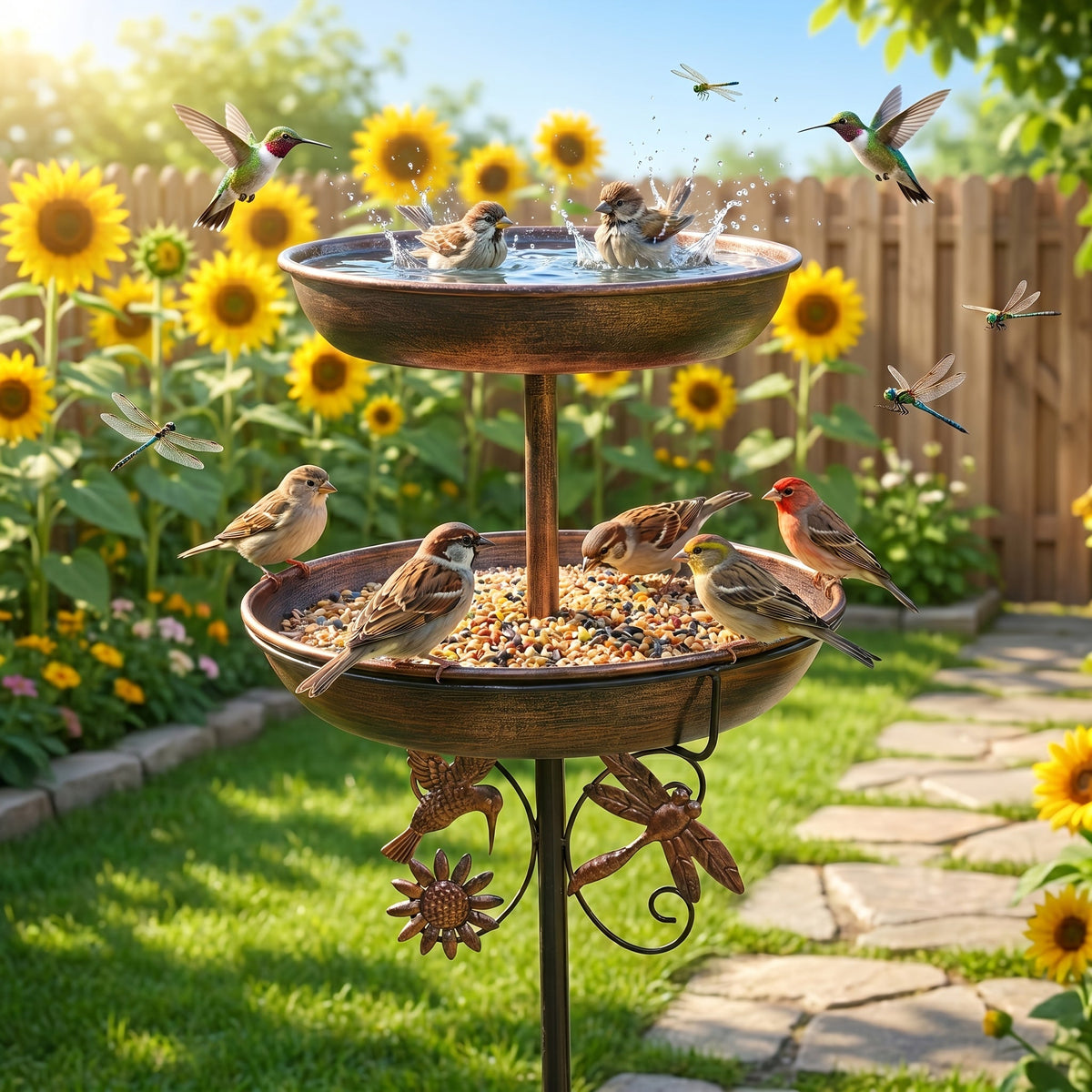 Bird Bath and Feeder 2-in-1, Bronze Double-Tier Iron Birdbath with 5-Prong Ground Stake and Vintage Garden Accents for Outdoor Yards