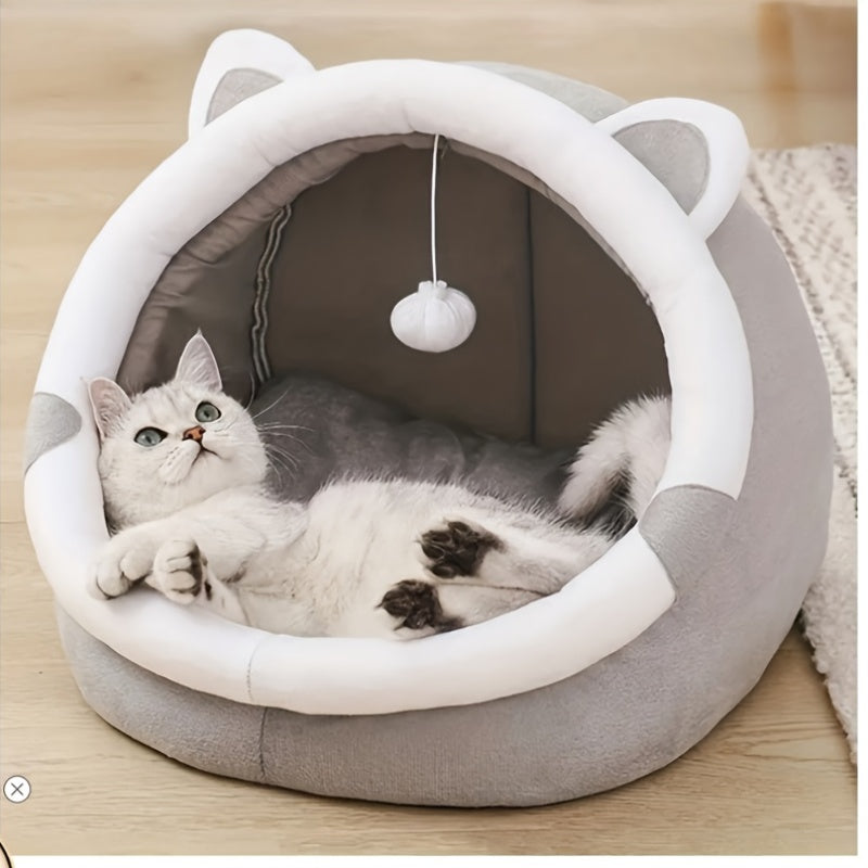 Cartoon Cat Cave Bed and Sleeping House, Cozy Indoor Kitty Hideaway for Curling Up and Resting, Large 16.34 x 16.34 x 13.78 Inches