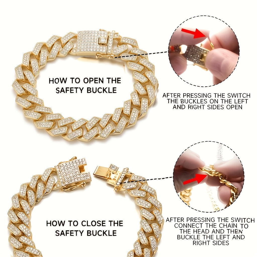 Cuban Chain Dog Collar with Rhinestones, 14mm Wide Metal Pet Necklace in Golden, White or Red for Dress-Up Photos, Parties and Holiday Gifts