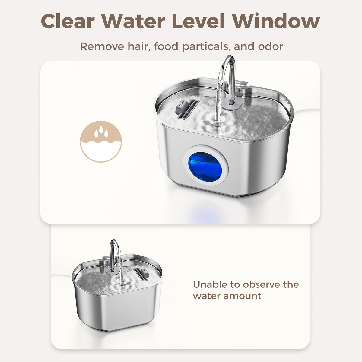 Cat Water Fountain 74oz 2.2L in 304 Stainless Steel, Quiet 5V Pet Drinking Dispenser with Water Level Window and Choice of 1 or 4 Filters