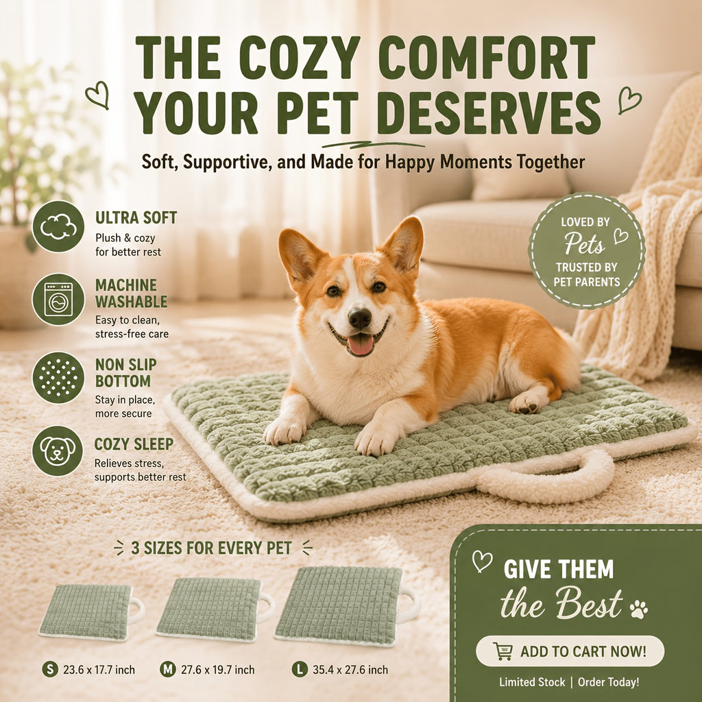 Quilted Dog Crate Mat, Machine Washable Plush Travel Dog Bed with Carry Handle for Small and Medium Dogs, Puppies and Cats