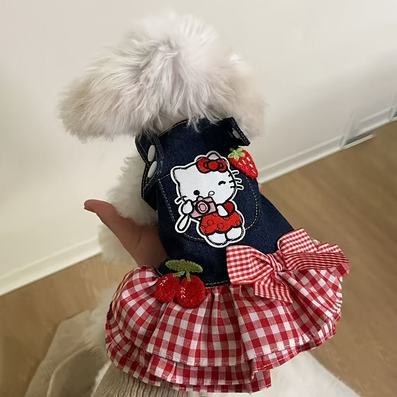 Denim Plaid Dog Dress for Small Dogs and Cats, Red Checkered Bow and Strawberry Appliques, Pleated Pet Party Outfit in XS to XL
