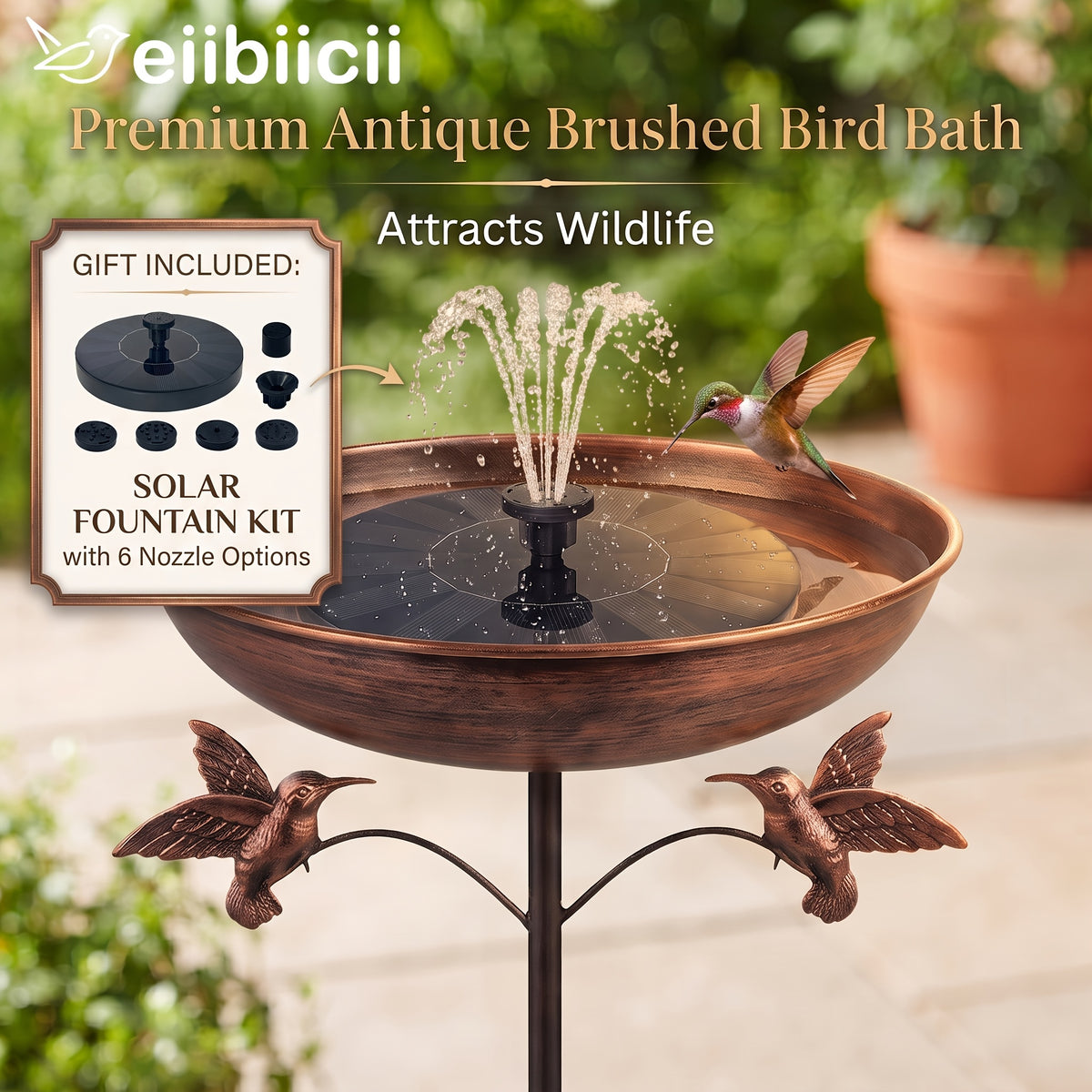 Outdoor Bird Bath with Removable Basin, 0.7 or 1.4 Gallon Garden Birdbath with Ground Stake, Decorative Bird Accents and Optional Solar Sprayer