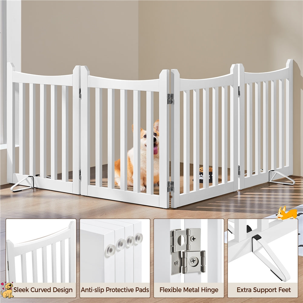 Freestanding Folding Dog Gate in White, 24 Inch Tall MDF Pet Barrier with Door and Two Support Feet for Small Dogs, Indoor Doorways and Hallways