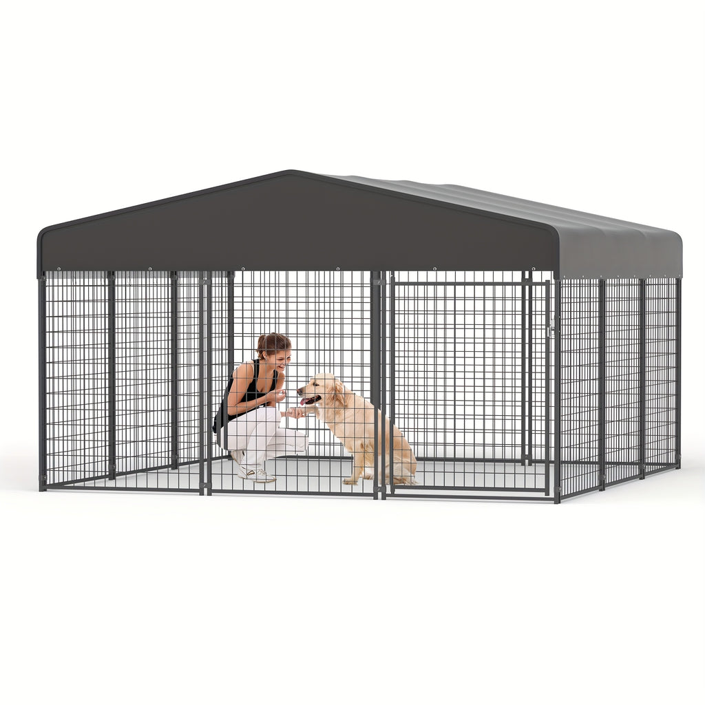 Outdoor Dog Run Enclosure with Roof Cover, Heavy-Duty Steel Mesh Kennel with Lockable Door and Ground Pegs, Four Size Options for Backyard and Farm