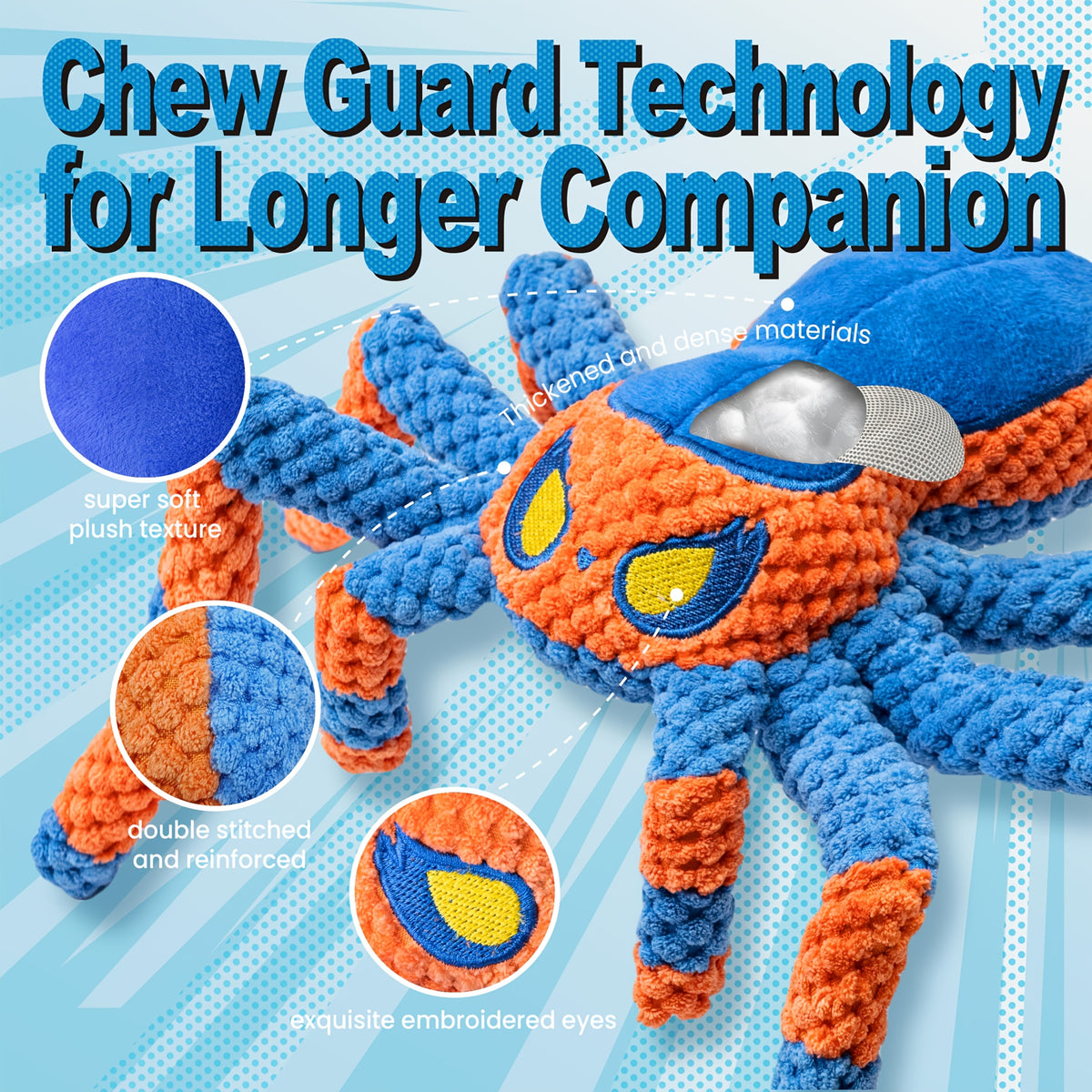 Spider Dog Toy with Squeaker and Crinkle Legs, Interactive Plush Tug of War Toy for Large Dogs, Red or Blue Halloween Pet Gift