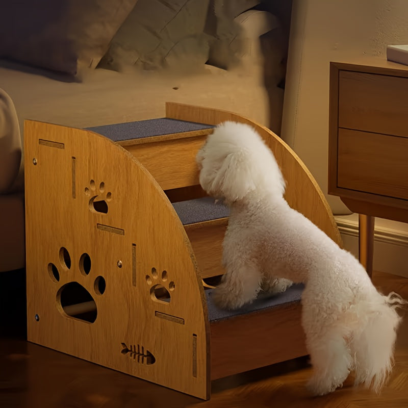 Wooden Pet Stairs with Paw Cutouts, 3-Tier Non-Slip Dog and Cat Steps for Suitable Bed and Sofa Heights, Indoor Furniture Access Ladder for Home Use