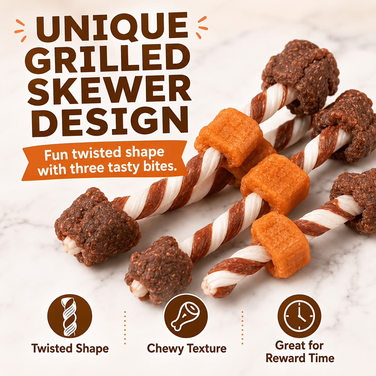 Triple Flavor Dog Chew Skewers with Chicken, Duck and Beef Options, Chicken Bone and Dumbbell Treat Selections for Supervised Snack Time