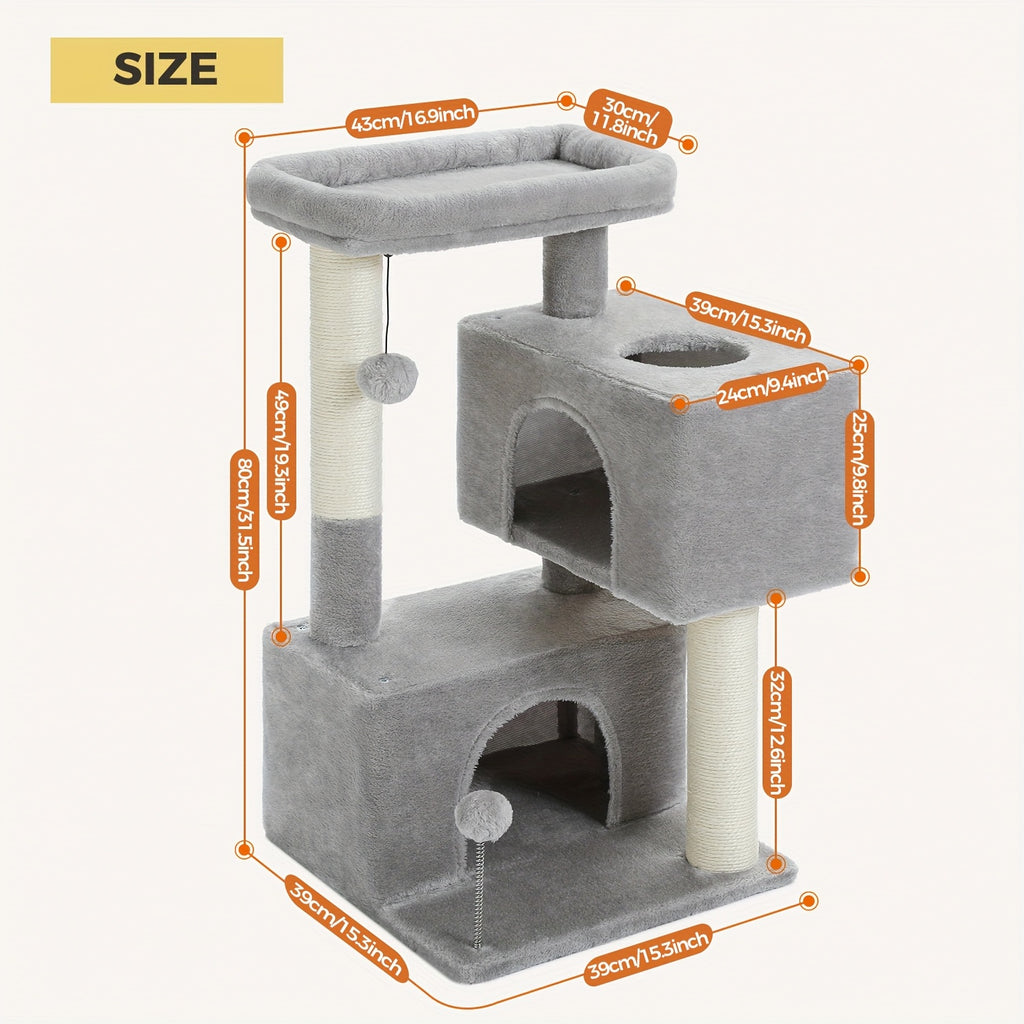 Cat Tree with Two Spacious Condos, 31.5 or 44 Inch Indoor Cat Tower with Washable Top Perch, 3.4 Inch Thick Scratching Posts and Two Play Toys