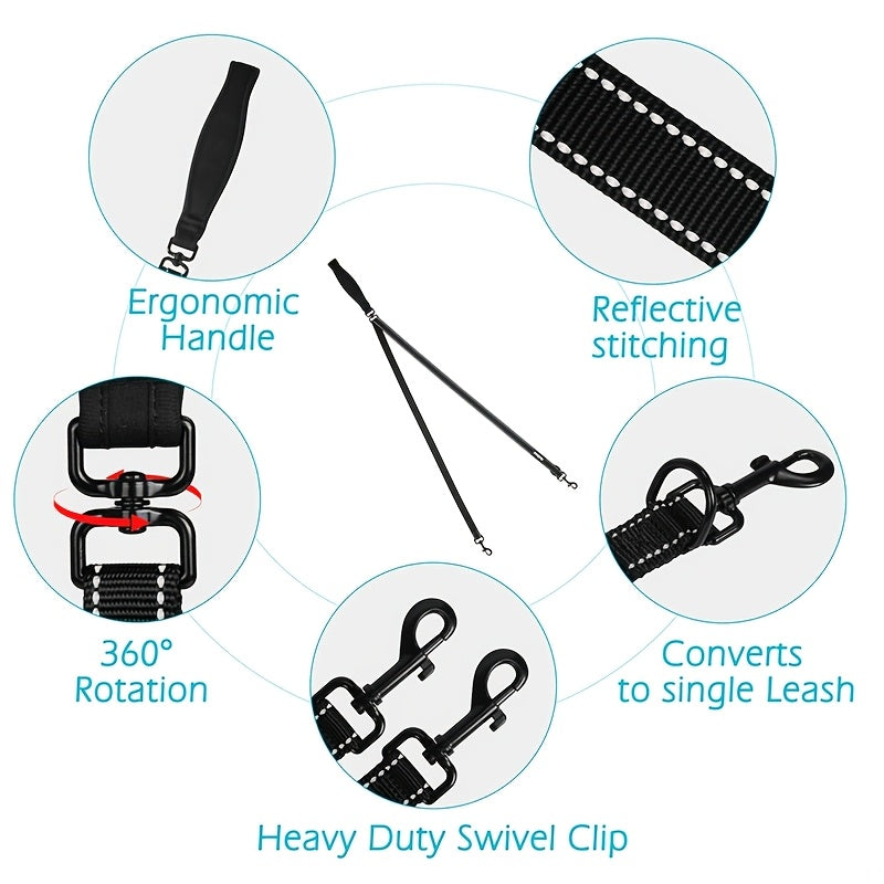 Reflective Double Dog Leash for Medium and Large Dogs, No-Pull Training Walking Lead for Daily Neighborhood Walks and Outdoor Routines
