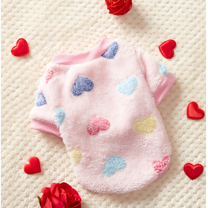 Dog Sweatshirt for Small Medium Dogs, Pink Heart Fleece Puppy Sweater Without Hood, Warm Soft Pet Clothes for Autumn Winter Cold Weather, Cute Valentine's Day Outfit for Chihuahua Poodle and Cats