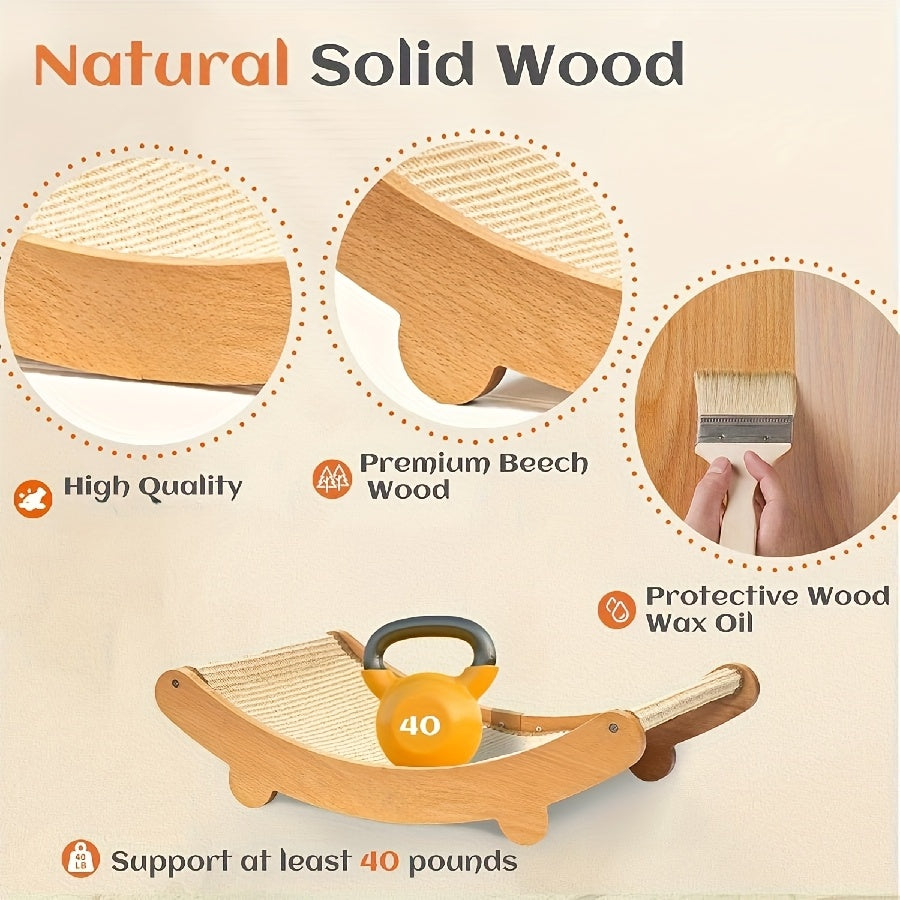 Sisal Cat Hammock Bed with Curved Wooden Frame, 2-in-1 Cat Scratcher Lounger in Small or Large for Indoor Scratching, Stretching and Napping
