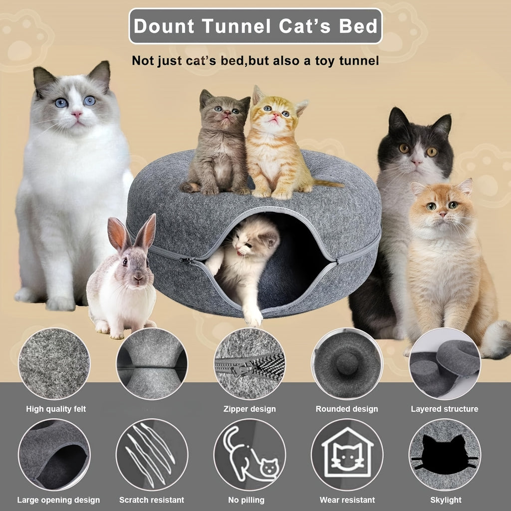 Donut Cat Tunnel Bed for Indoor Cats, Round Hideaway Nest with Pom-Pom Toys, 20 or 24 Inch Cat Cave in Light Gray or Dark Gray