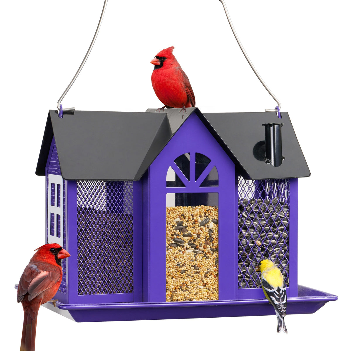 Outdoor Bird Feeder House with Triple Feeding Areas, Metal Mesh Wild Bird Seed Feeder for Finches, Cardinals and Chickadees, Five Color Options