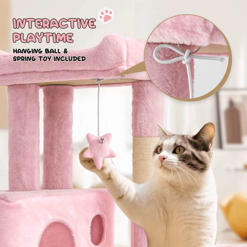 Compact Cat Tree 36 Inch with Hammock and Condo, Plush Indoor Cat Tower with Sisal Scratching Post, Scratching Board and Hanging Ball, Two Gray Colors