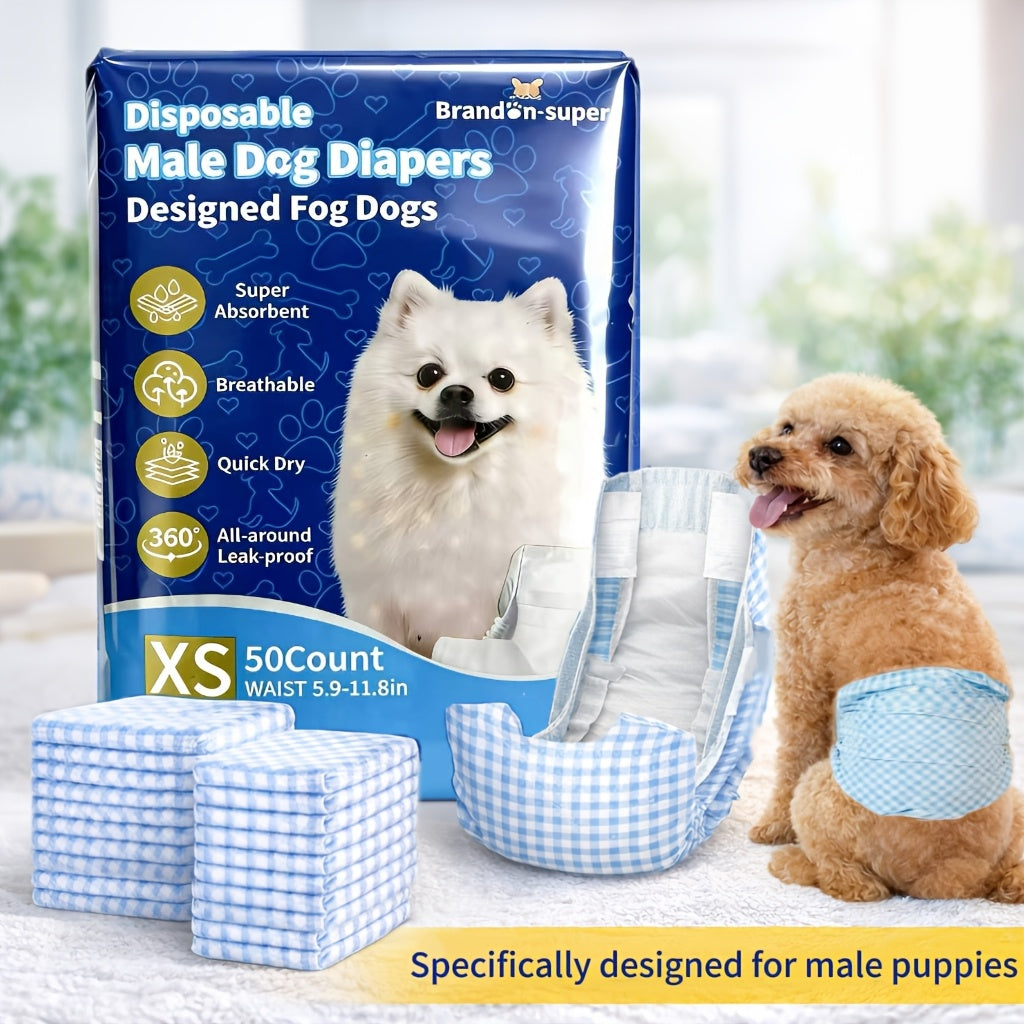 Dog Diapers for Male or Female Dogs, 50 Disposable Absorbent Pet Nappies in XS S M L for Puppy and Senior Dog Indoor Accident Care