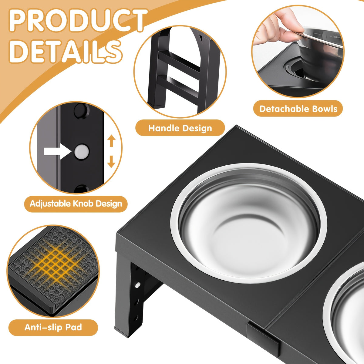 Raised Dog Food and Water Bowls with 4-Height Adjustable Stand, Two Stainless Steel Bowls at 9, 11, 12 or 14 Inches in Four Color Options