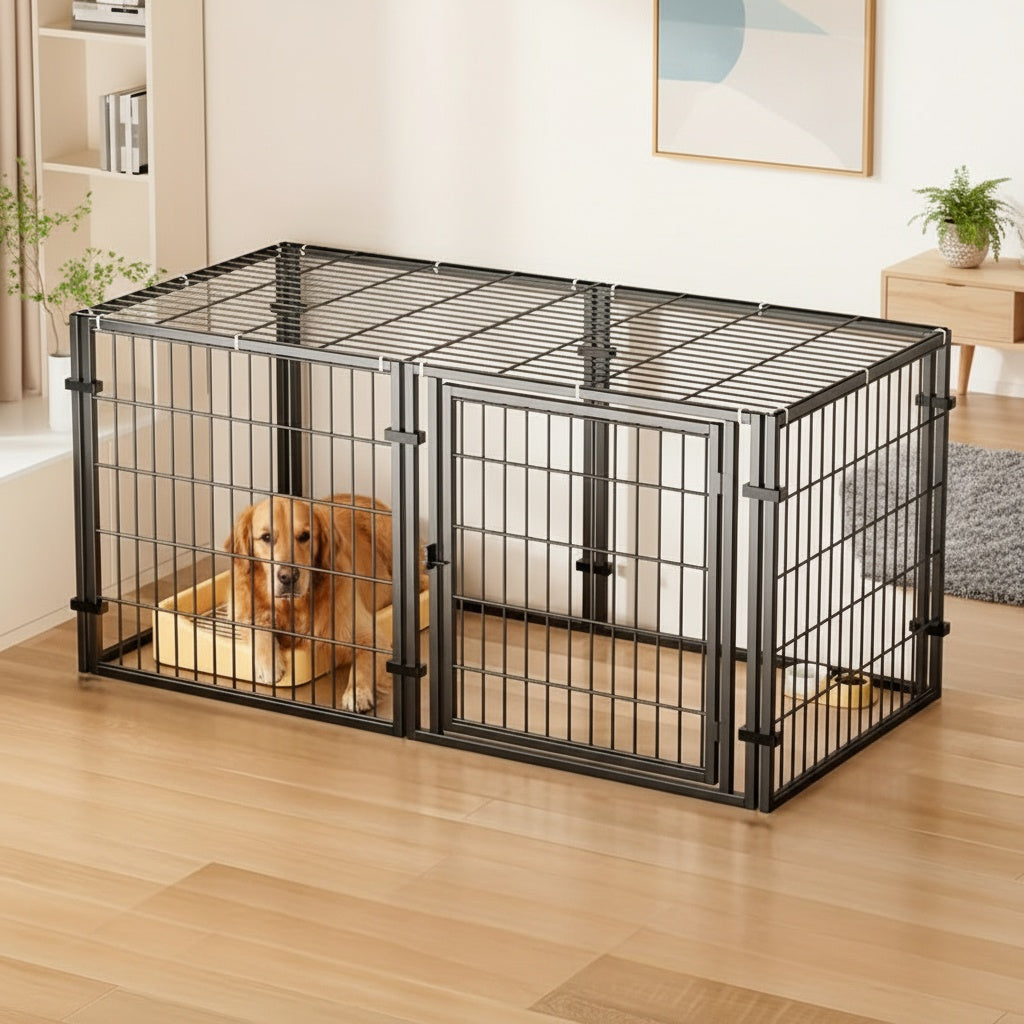 Modular Metal Dog Crate with Top Cover, 47.6-Inch Pet Cage with Configurable Door Placement and Tool-Free Panel Assembly for Home Use