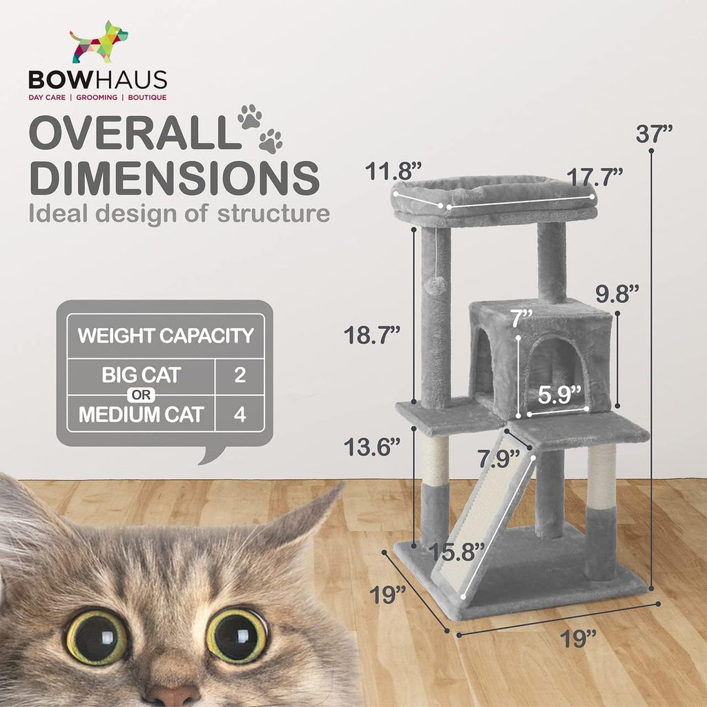 Cat Tree with Scratching Ramp, 37 Inch Indoor Cat Tower with Widened Padded Perch, Sisal Posts, Hammock and Cozy Condo for Cats and Kittens