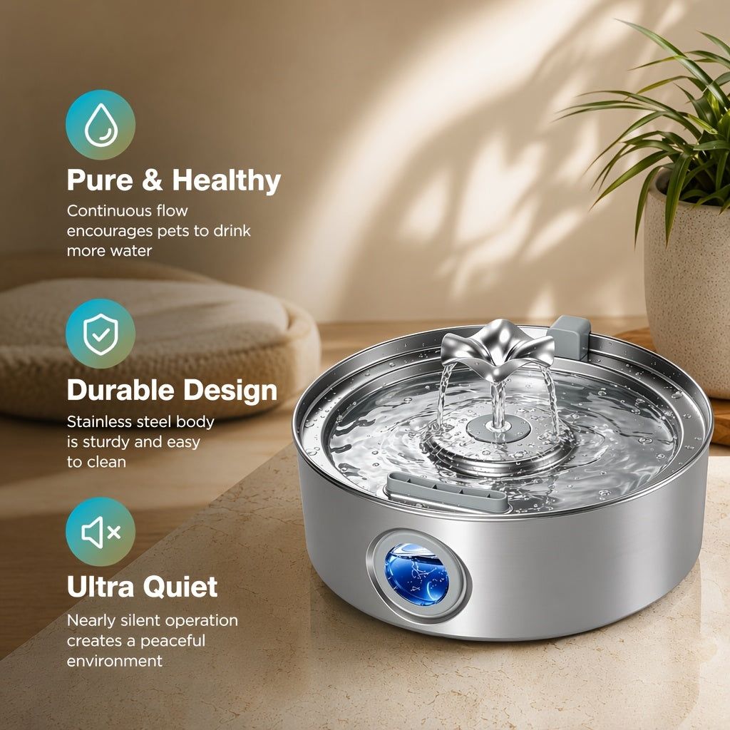 Dog Water Fountain 7L with Flower Head, 304 Stainless Steel Pet Drinking Dispenser with Water Level Window and Filter Bundle Options for Multi-Pet Homes