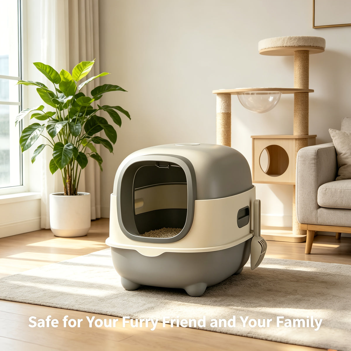 Covered Cat Litter Box with Scoop, Removable Hood and Front Entry Door, Enclosed Indoor Kitty Toilet for Daily Cleaning in Gray, Purple or Blue