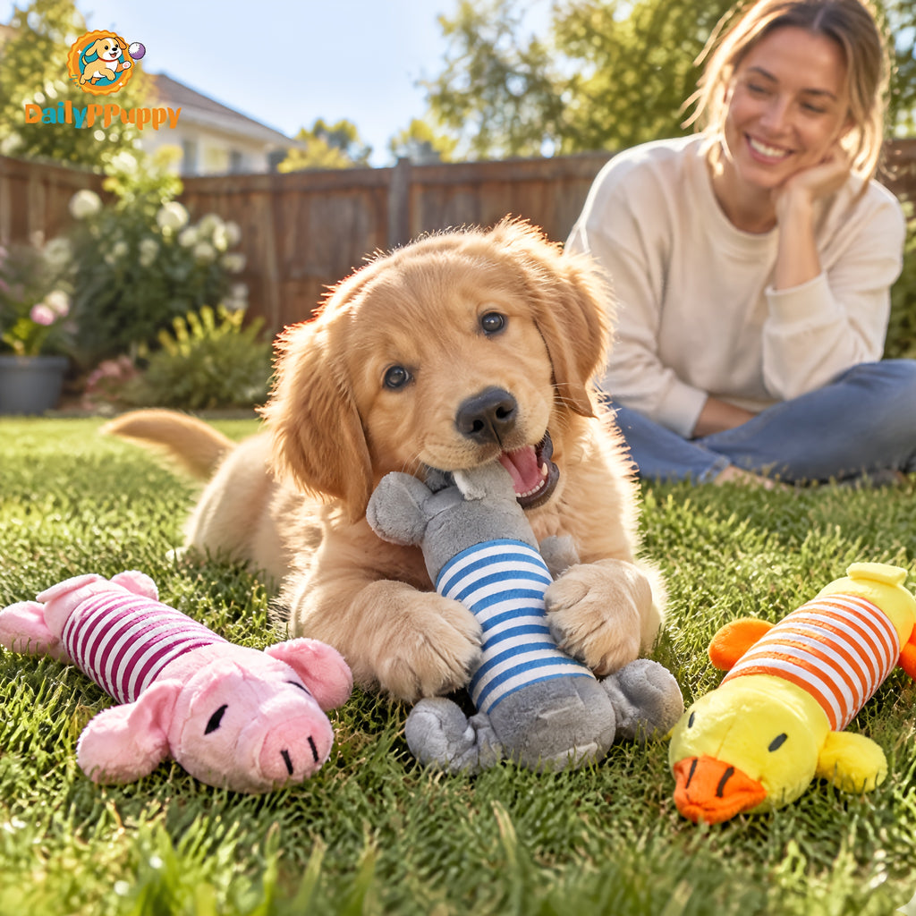 Squeaky Dog Toys with Striped Plush Design, 3 Pack 7.5 Inch Soft Stuffed Animal Toys in Assorted Colors for Small and Medium Dogs, Supervised Gentle Play