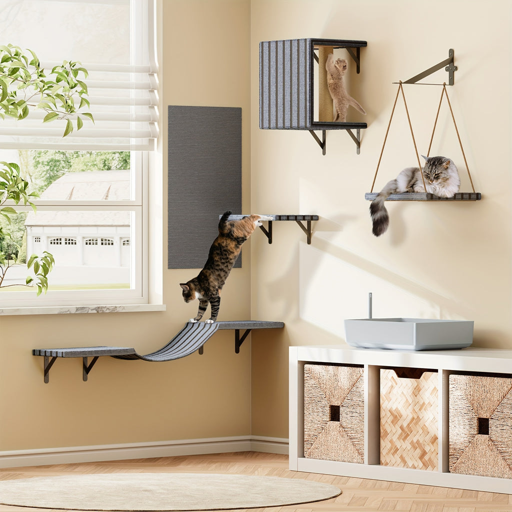 Wall Mounted Cat Climber Set, 5-Piece Indoor Cat Wall Furniture for Elevated Exploring, Climbing, Lounging and Space-Saving Home Layouts