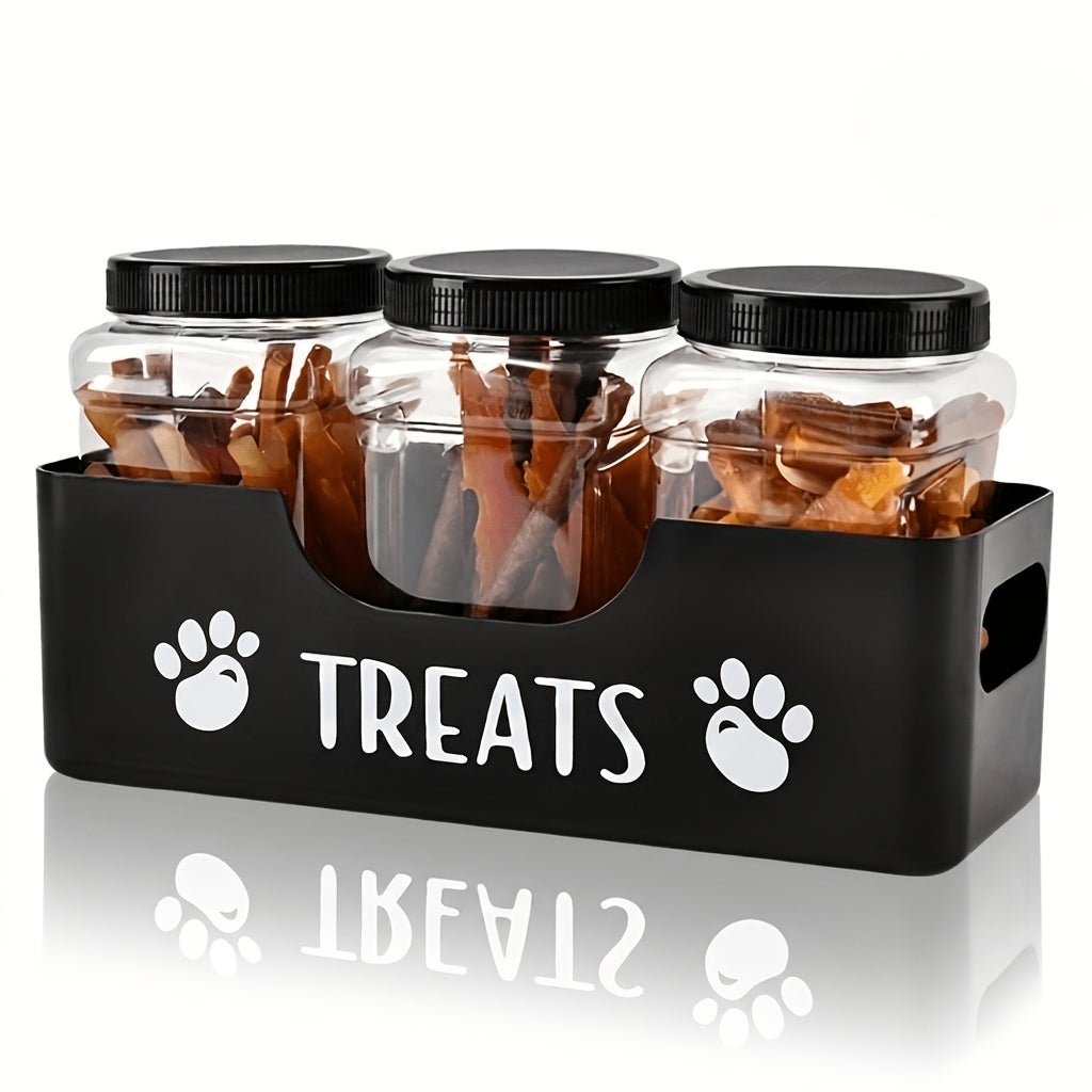 Pet Treat Jar Set with 3 Sealed Plastic Containers and Base, Farmhouse Dog and Cat Snack Storage Organizer for Kitchen Counters and Feeding Areas