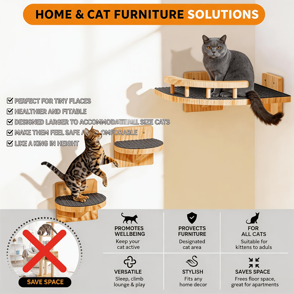 Pine Wood Cat Wall Shelves with Hammock or 4-Piece Set Options, Wall-Mounted Climbing and Resting Furniture for Indoor Cat Spaces