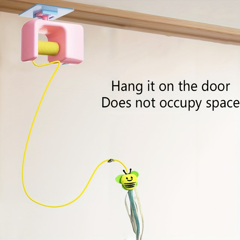 Automatic Hanging Cat Toy with Touch-Activated Retractable Tail, Blue Door or Wall Play Toy with Two Replacement Tails for Supervised Indoor Fun