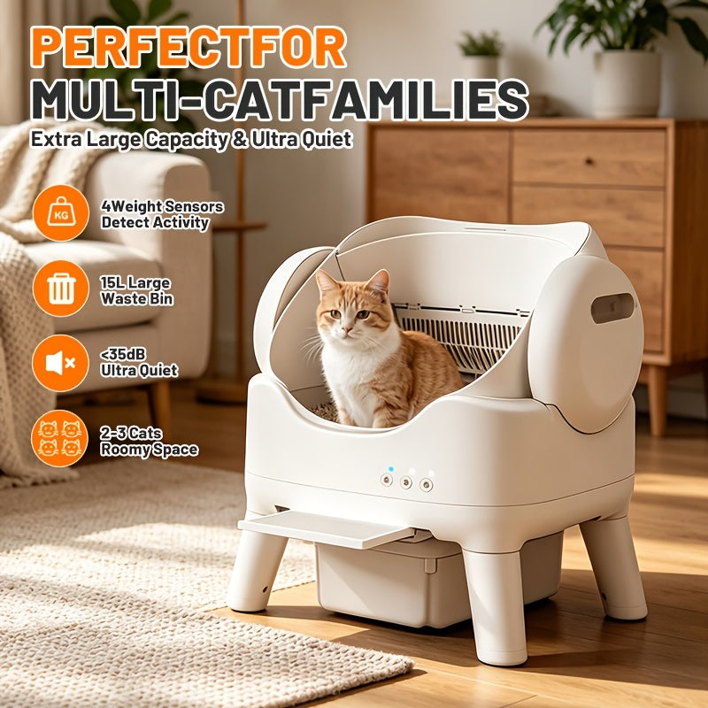 Automatic Cat Litter Box with 4-Gallon Waste Bin, Open-Top Self-Cleaning Cat Toilet with No App, Washable Liner, Litter Mat and Waste Bags