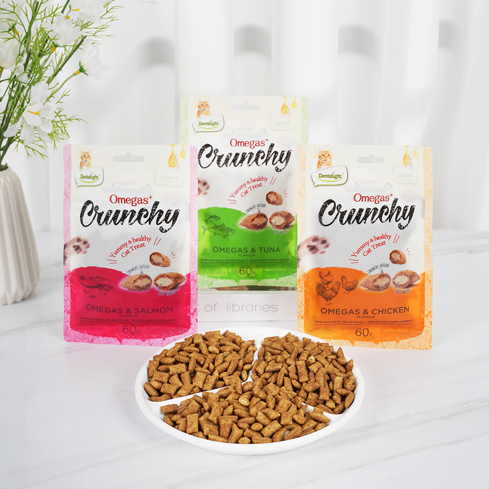 Crunchy Cat Treats with Soft Centers and Added Fish Oil, Three-Flavor Cat Biscuit Snack Pack, 60g x 3 Bags for Everyday Rewards and Treat Time