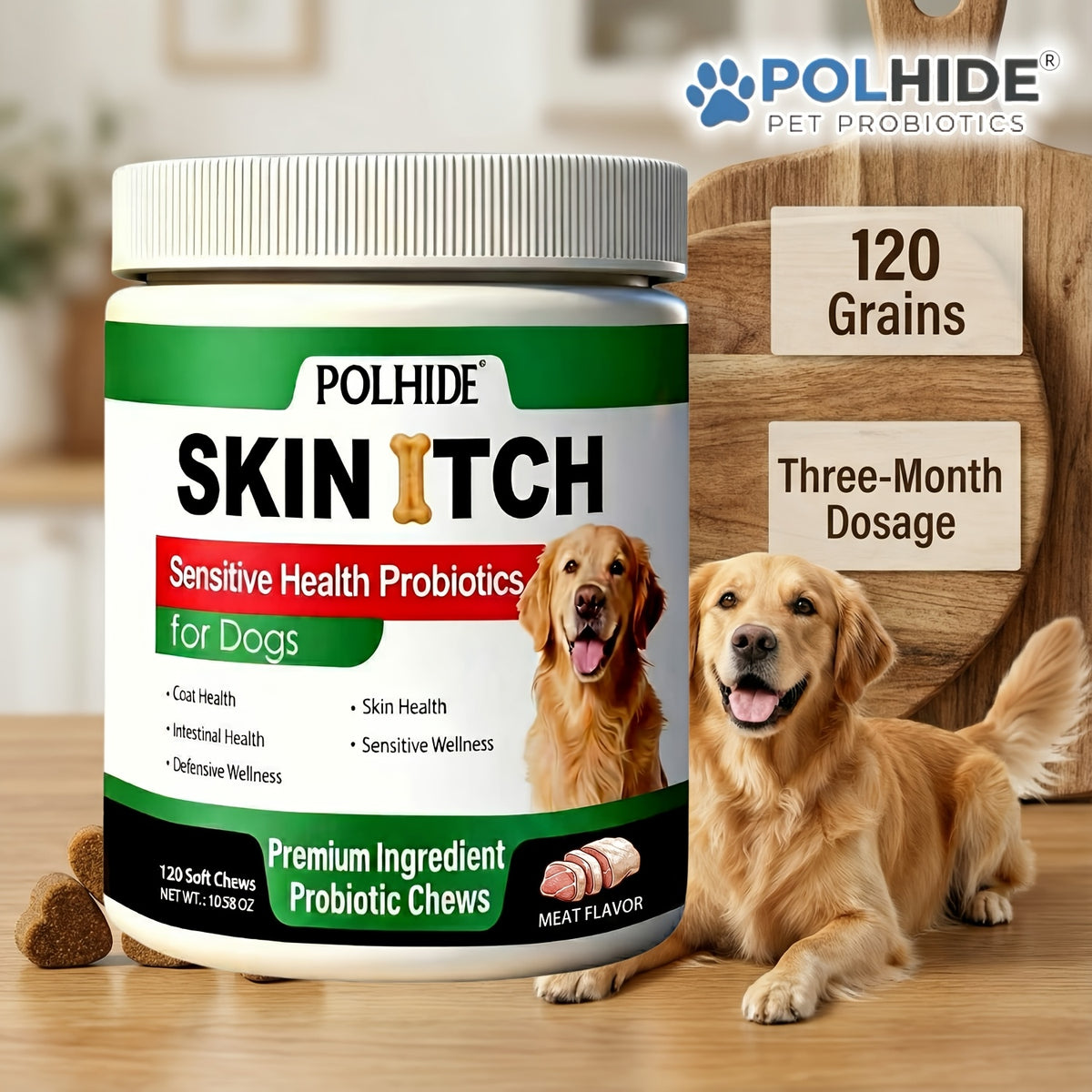 Dog Probiotic Chews in Pork Flavor, 120 Count Soft Chew Supplement for Canine Care Routines, Labeled 90-Day Supply for Dog Owners