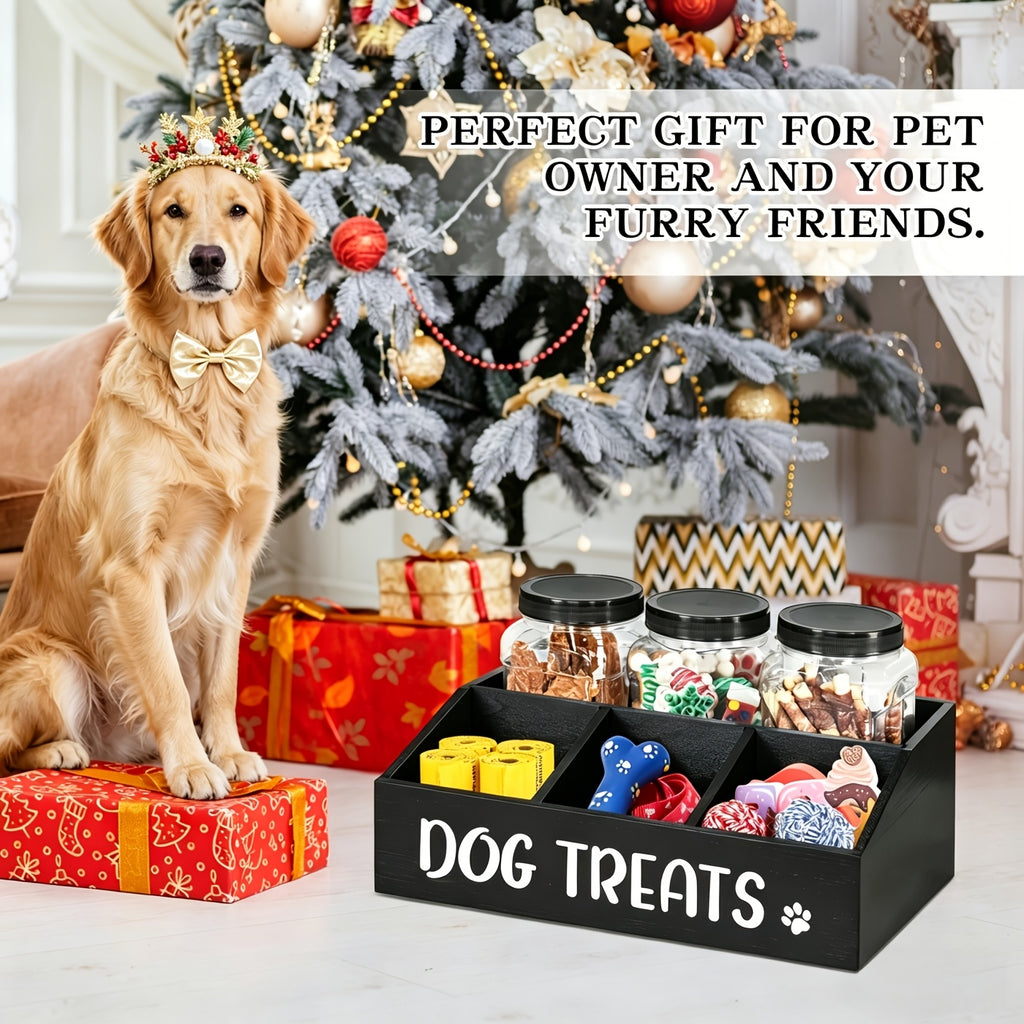 Dog Treat Storage Organizer with 3 Clear Jars and Scoop, Solid Wood Farmhouse Pet Snack Station with Compartments for Cat and Dog Supplies